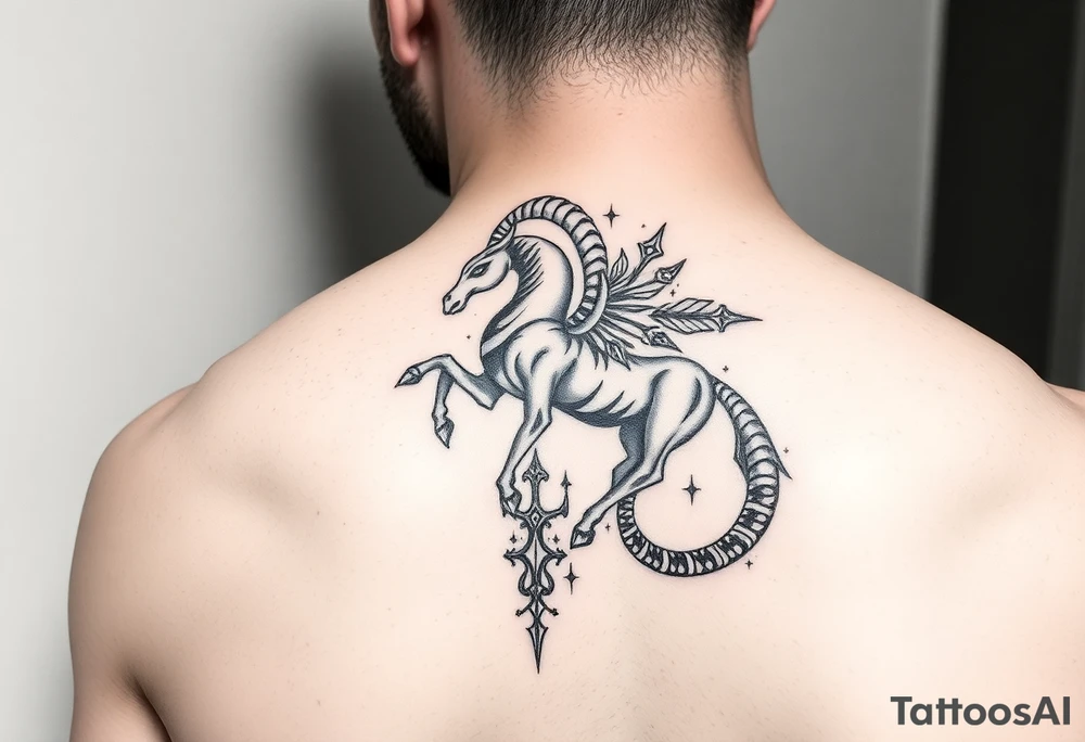 un capricorne avec des motifs néotribale sur le coté droit du dos tattoo idea