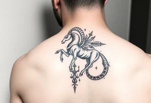 un capricorne avec des motifs néotribale sur le coté droit du dos tattoo idea