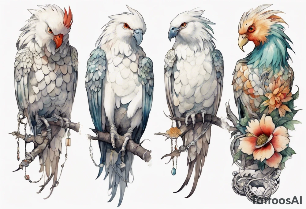 a white Cockatrice wearing a plain iron bracelet around leg, perched on a stone tattoo idea