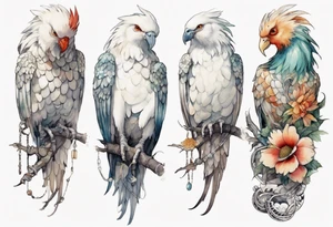 a white Cockatrice wearing a plain iron bracelet around leg, perched on a stone tattoo idea
