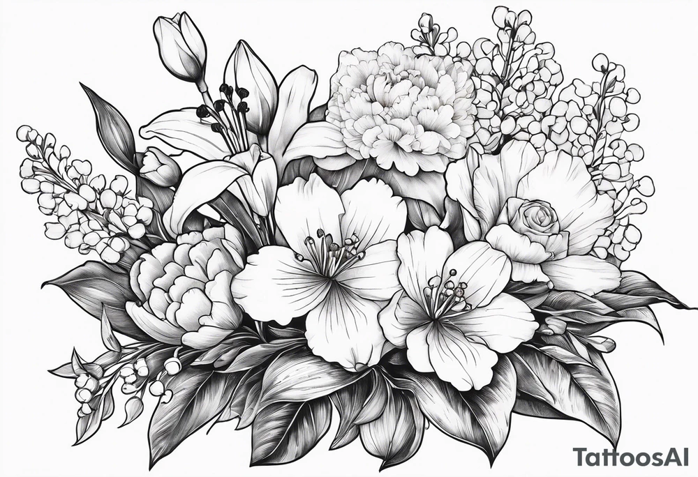 Bouquet 
with 1 snowdrop 2 carnations 1 rose 1 lily of the valley 1 daffodil 1 peony tattoo idea