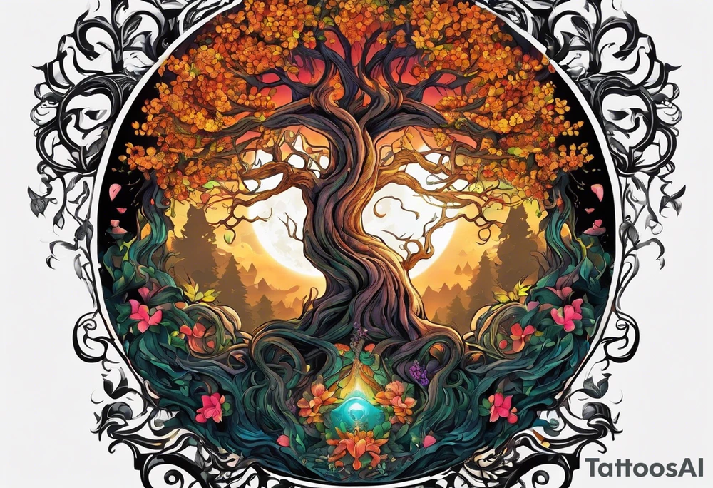 The deity Pan is entwined in a tree which is a portal in a other dimension. Not symmetrical tattoo idea