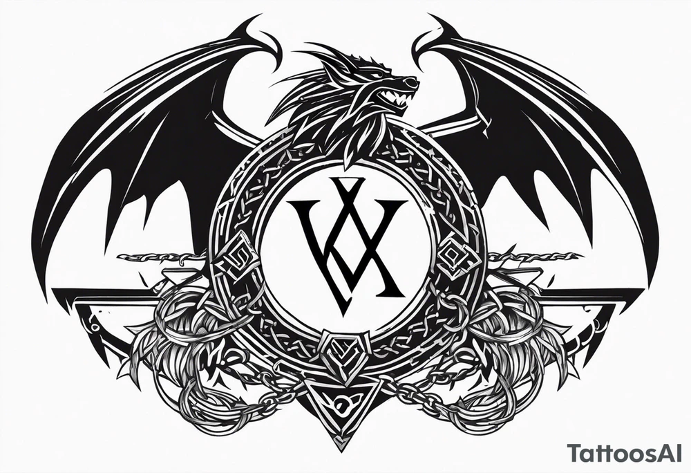 Valhalla sword shield dragon axe Valknut barbed wire chains tribal tattoo idea