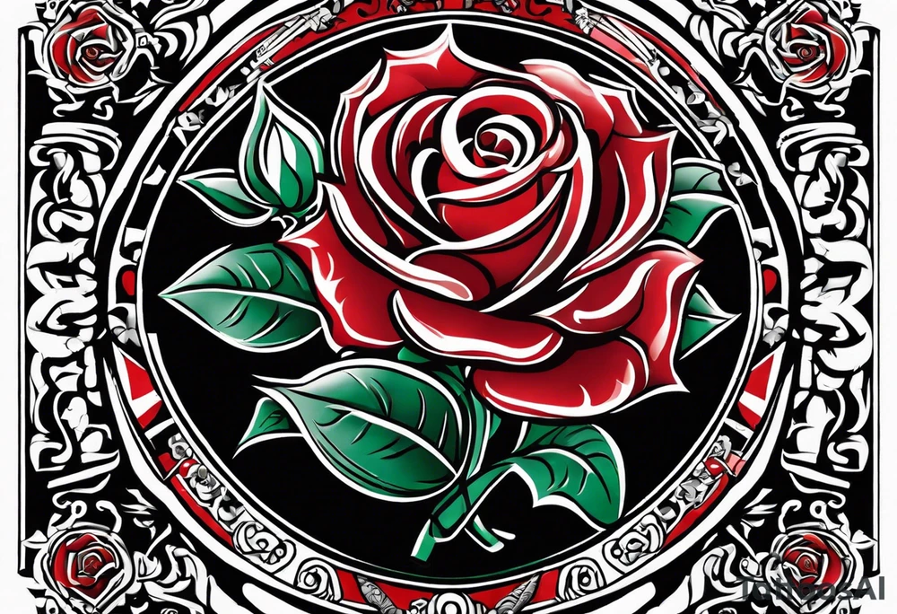 Design a masculine tattoo depicting three delicate rose buds being embraced and protected by 
Aztec weapons. The weapons should include elements such as the macuahuitl (Aztec sword-club), obsidian blades, and Mayan calendar, arranged in a way that forms a protective circle or embrace around the roses. Carve the entire image as if it were a stone sculpture by an ancient Aztec artist, with the texture resembling intricately detailed stone carvings. The roses should be slightly softer but still stylized in stone, giving the entire tattoo a powerful, yet artistic and ancient feel. Use bold, sharp lines to capture the essence of Aztec craftsmanship tattoo idea
