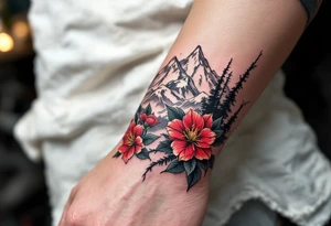 wrap around entire wrist red  and black rhododendron trippy with Himalayas behind tattoo idea