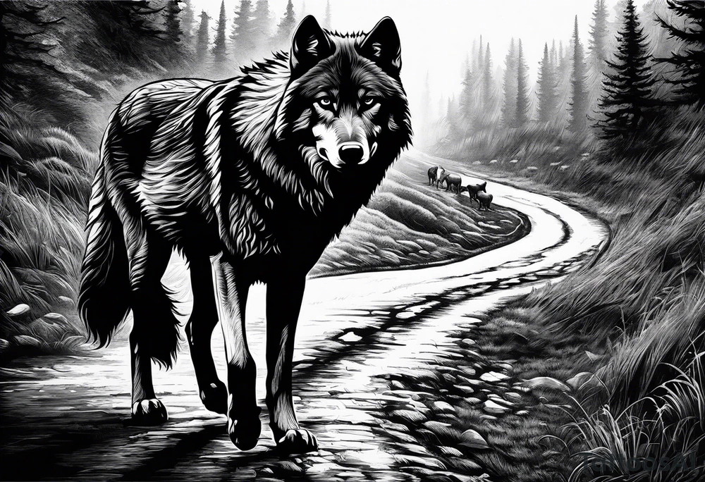 Lone wolf on a path or road. A pack of animals on the opposite end of road. tattoo idea