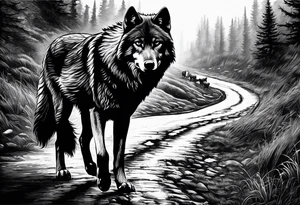 Lone wolf on a path or road. A pack of animals on the opposite end of road. tattoo idea
