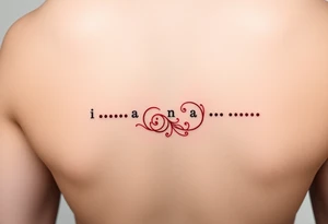 “-... .-. .- . .- .-.. ....... -.. .- .-- --- --- -.. .......” morse code tattoo with dainty girly swirl design in red ink on female hip bone tattoo idea