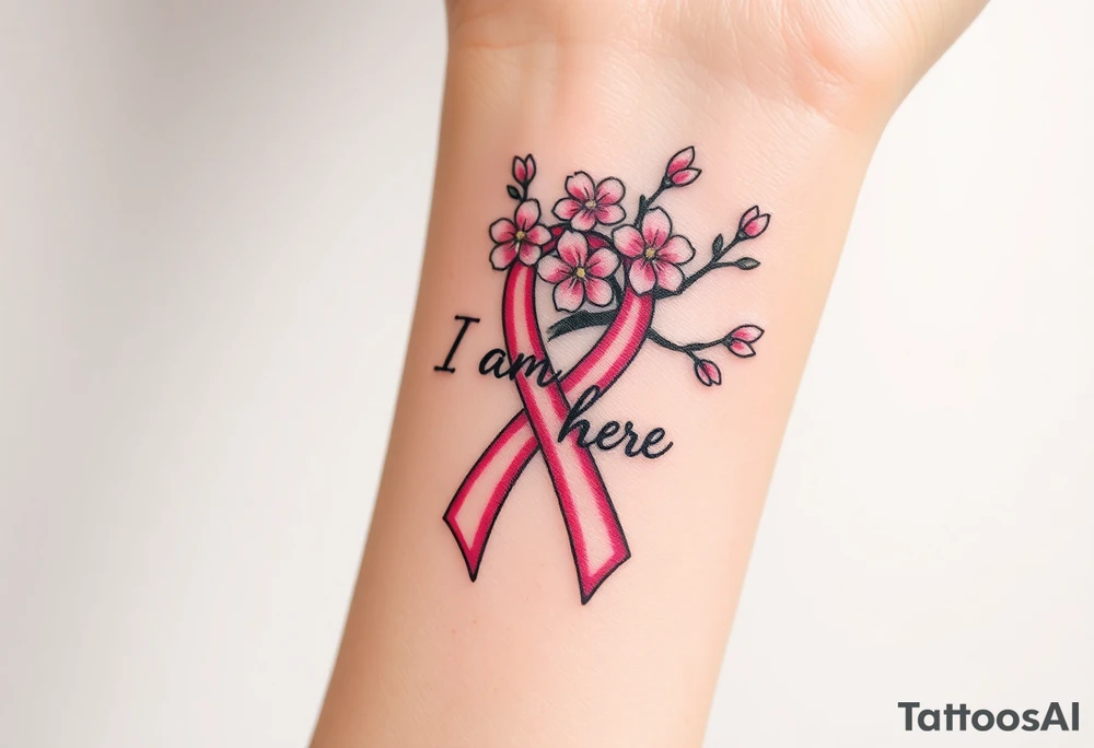 I am here pink ribbon Japanese cherry blossom tattoo idea