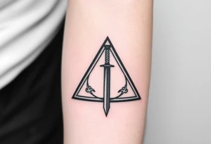 deathly hallows symbol from harry potter with the gryffindor sword in the middle tattoo idea