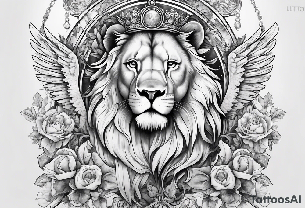 Full sleeve with Lion, cross, praying hands and angels. Incorporate the names Scarlett and Faith in the design tattoo idea