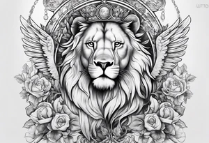 Full sleeve with Lion, cross, praying hands and angels. Incorporate the names Scarlett and Faith in the design tattoo idea