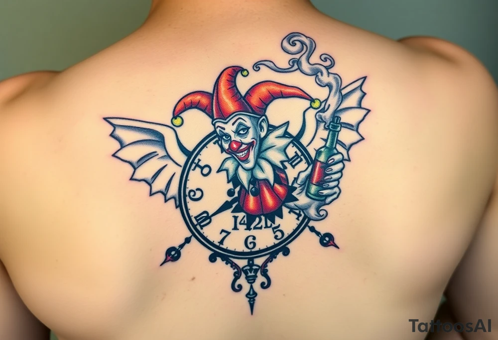 a jester clown floating in smoke with a  clock, the time says 420,  with two open wings besides the clock, smoke as the spring rising from the clock, a jester clown coming out the smoke, smoking in one hand with a liquor bottle on the other hand tattoo idea