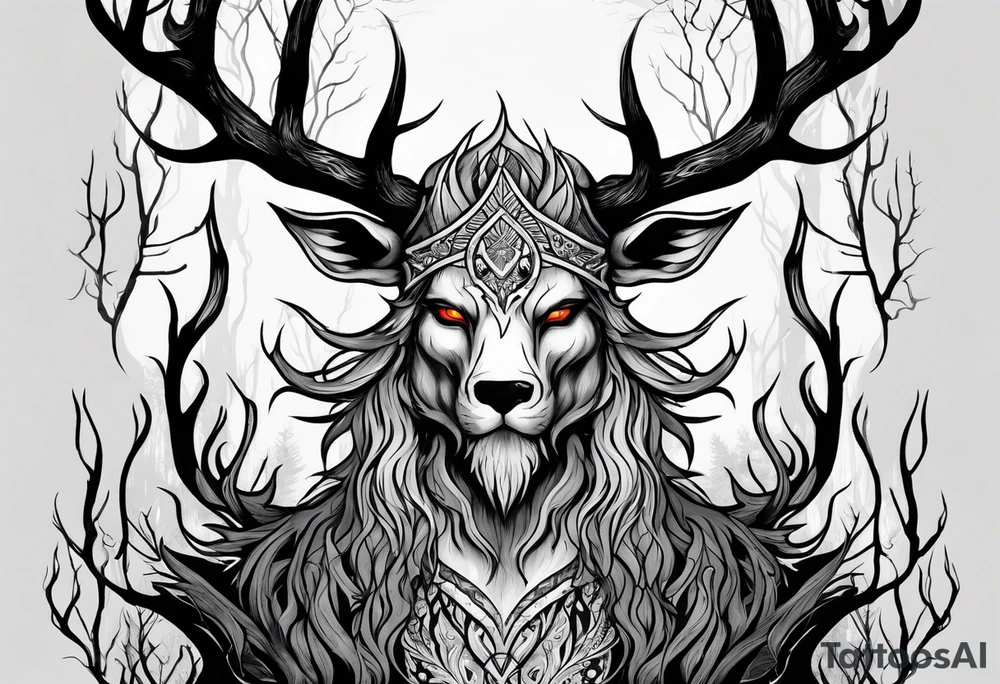 A wendigo with flames in a forest tattoo idea
