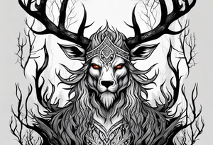 A wendigo with flames in a forest tattoo idea