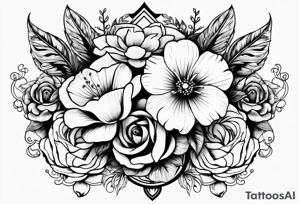 decorative chest piece with jewelry and flowers tattoo idea