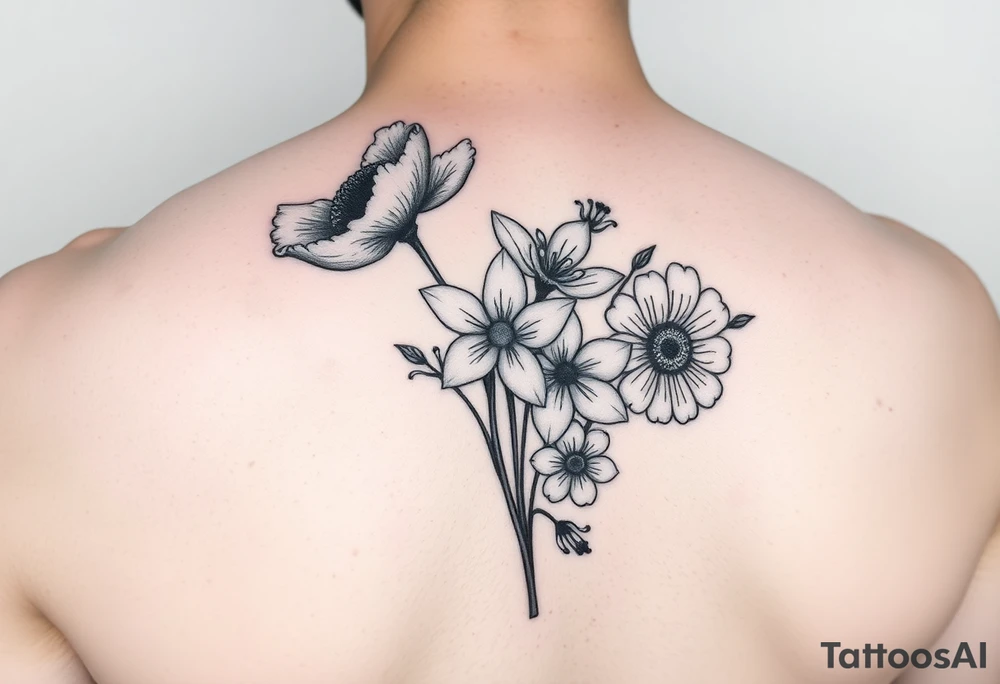 very simple Black and white tattoo with a bouquet from one stem featuring poppy flower, lily of the valley, daffodil, water lily, daisy, with less lines and detail tattoo idea