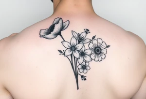 very simple Black and white tattoo with a bouquet from one stem featuring poppy flower, lily of the valley, daffodil, water lily, daisy, with less lines and detail tattoo idea