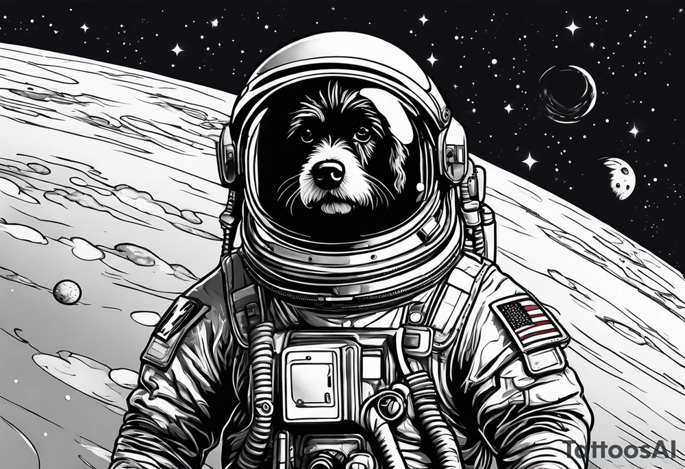 poodle mix dog in a space suit floating outline tattoo idea