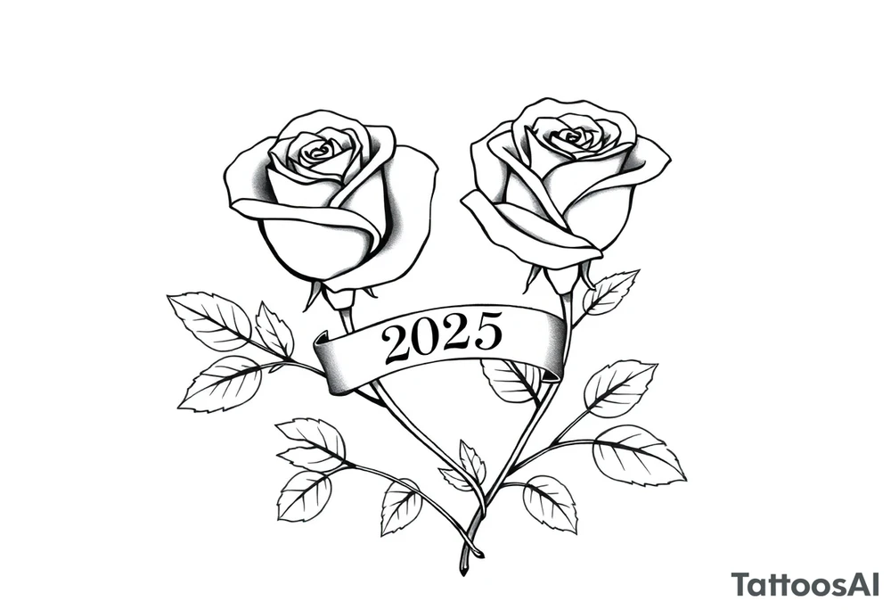 two beautiful large rose buds, one larger than the other, with many leaves next to the rose buds, with one sitting higher than the other. Include a banner connecting the two roses with the year "2025" on it.   Use dark outlines with little shading. The two stems should be short, not long, and connect and join into one stem, whimsically curved or twisted - not straight down. tattoo idea