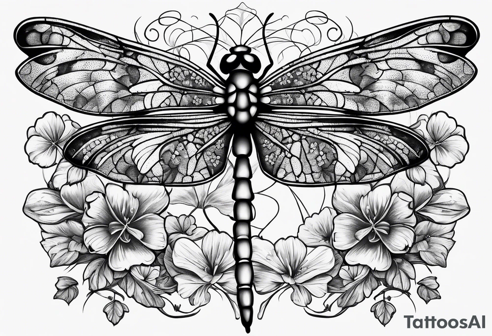 Dragon fly with clovers behind it tattoo idea