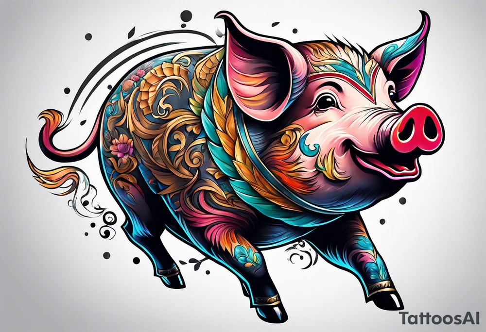 pig flying away from giant eagle tattoo idea