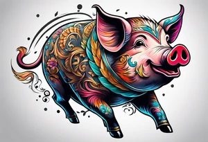 pig flying away from giant eagle tattoo idea