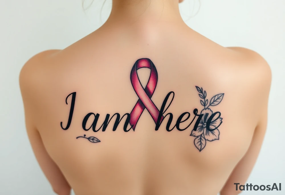 ‘I am here’ with breast cancer pink ribbon as I with Hawaiian theme tattoo idea