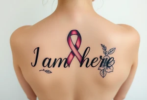 ‘I am here’ with breast cancer pink ribbon as I with Hawaiian theme tattoo idea