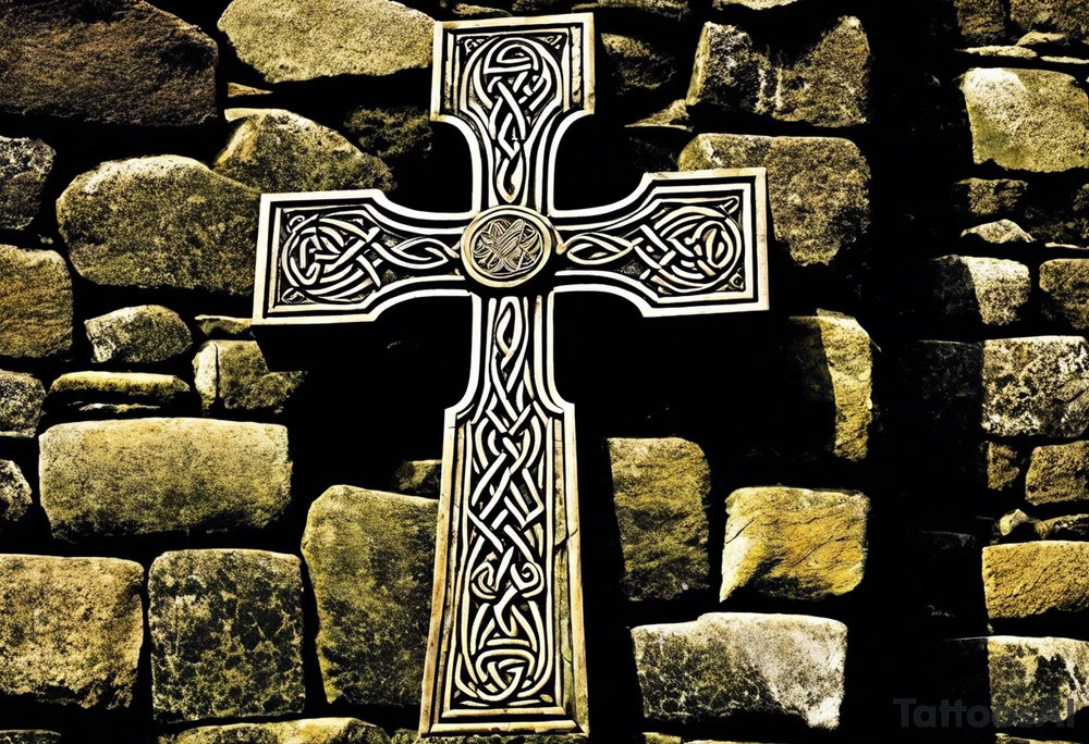 A stone Celtic cross, weathered and worn by the passage of time, standing resolutely at the base of a ruined stone wall. The cross is adorned with intricate Celtic knotwork, bearing witness to the craftsmanship of long-lost artisans. A raven, its ebony feathers shining in the dim light, perches on the arms of the cross, its head cocked to the side as it regards the desolate scene before it. The wall, once towering and majestic, now lies in ruin, its stones scattered haphazardly across the overgrown earth. Vines and creepers have woven themselves through the cracks and crevices, adding a touch of eerie greenery to the otherwise melancholic atmosphere. A gentle breeze rustles through the leaves, causing the raven to shift uneasily on its perch, as if it were the wind's way of whispering secrets long forgotten. The sky above is a somber shade of gray, heavy with the weight of impending rain, mirroring the solemn mood of the scene. tattoo idea