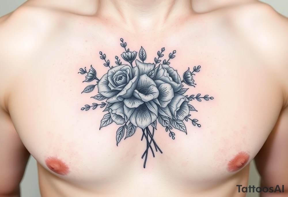 vintage bouquet of wild roses and meadow flowers with morning dew tattoo idea