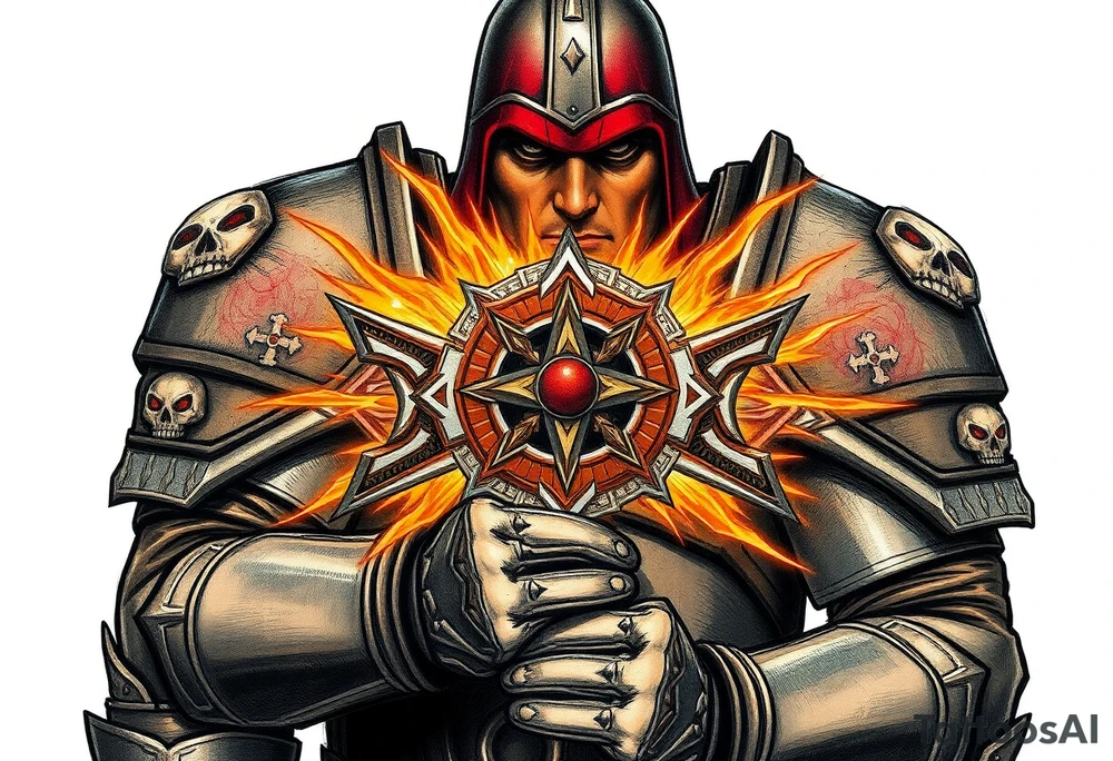 Warhammer, the Old World. A warrior priest of Sigmar holding The Warhammer of Sigmar. The Warhammer of Sigmar is radiating thunderous energy. The Warhammer is held by the warrior priest with both hands upon his chest level. The Warrior priest is wearing dark alloyed heavy armour with skull sigils on his shoulder pads. The warrior priest is wearing a fully head covered helmet, while the helmets front visor has an humanoid face covering. The helmet and armour are galdened with hints of gold and crimson red. tattoo idea
