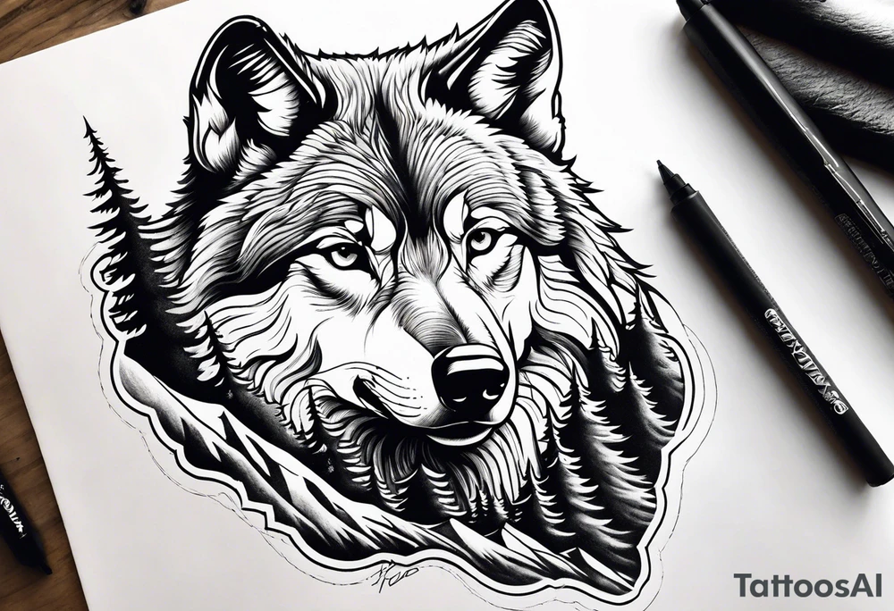 Mountains, wolf in it tattoo idea