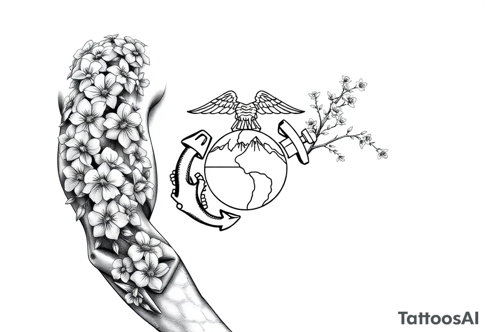 Marine Corps emblem with Cherry blossoms and Mount fuji tattoo idea