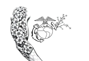 Marine Corps emblem with Cherry blossoms and Mount fuji tattoo idea