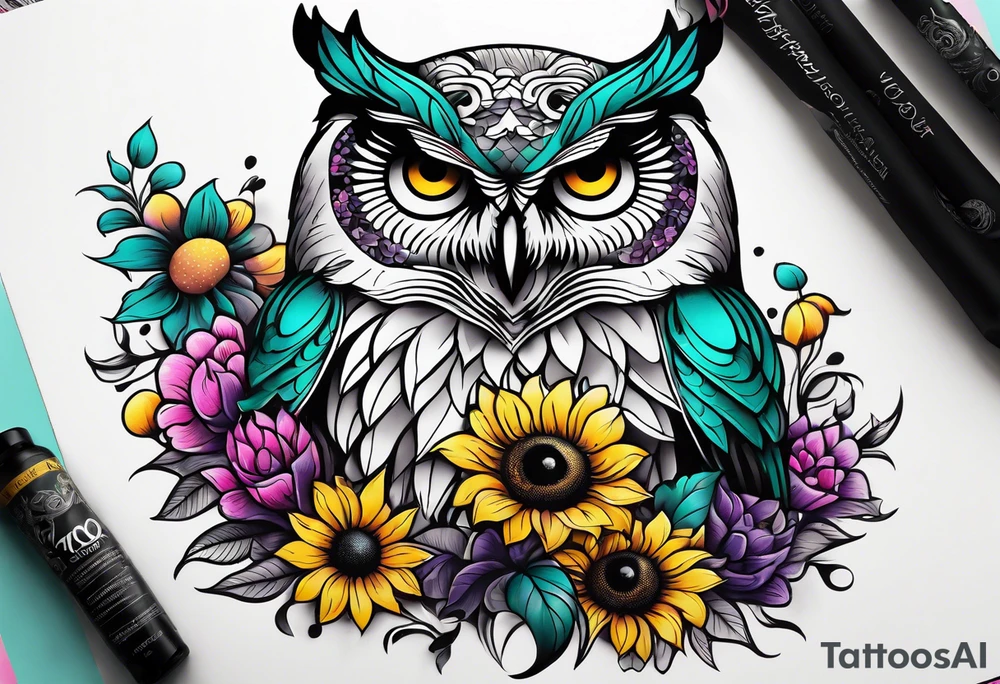 Black and white owl shaded teal, pink and purple surrounded by yellow sunflowers sleeve tattoo idea