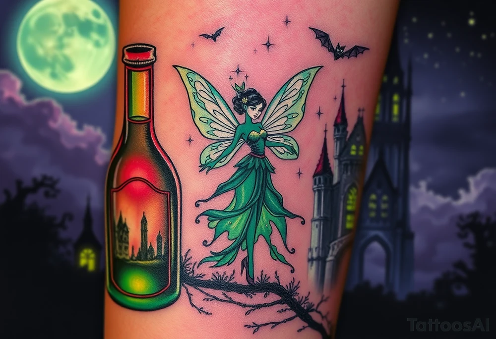 Tim Burton’s style Vintage Parisian elegant and beautiful yet eerie full body absinthe Green Fairy dances outside her victorian crystal absinthe bottle Absinthe Art Nouveau   and dripping with muted reds, dusty pinks, and eerie green glow.purple and cyan smokey clouds swirl in the crescent moonlit sky thats sprinkled with stars under the castle an adorable kawaii bat spreads its wings tattoo idea tattoo idea