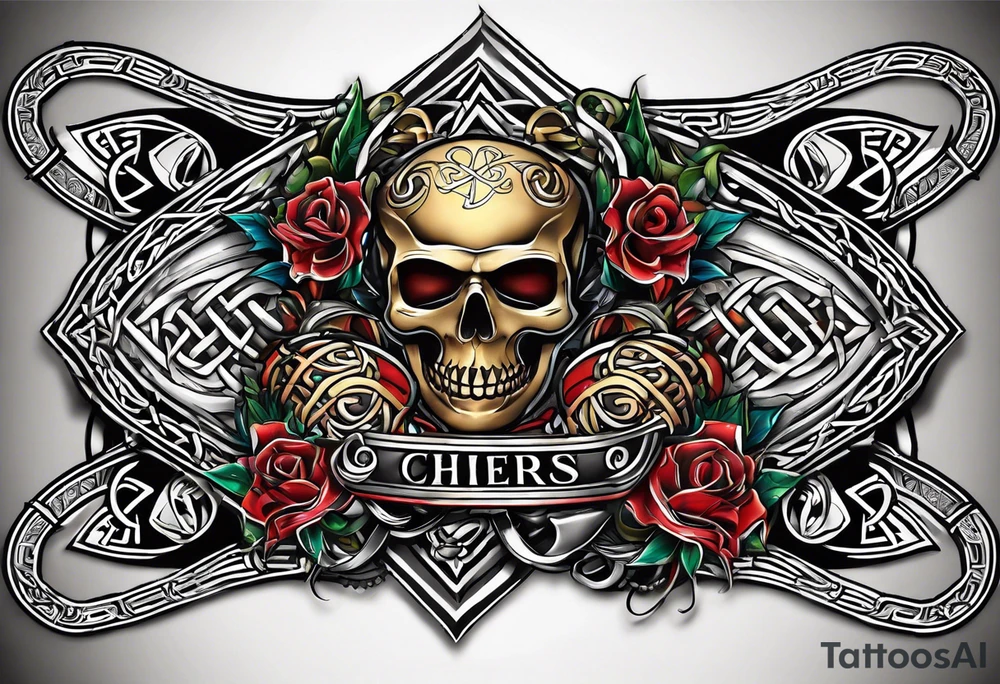 Cheers Mate text, armband +Celtic +Cancer Ribbon +tribal +artistic tattoo idea
