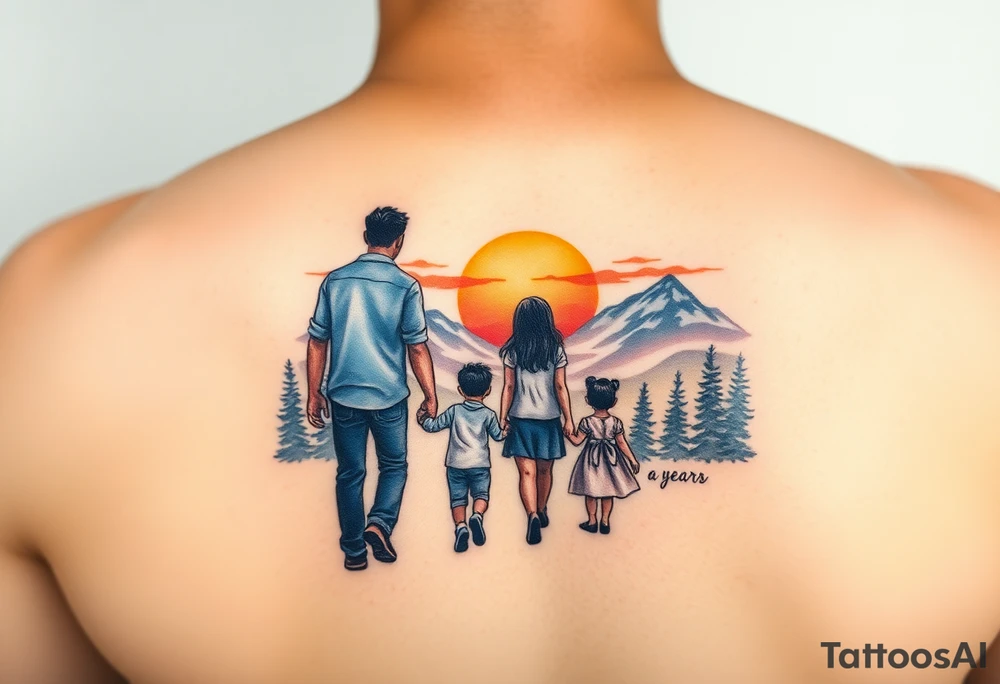 Family 2 parents, 1 baby boy, one 3-year girl walking through the the sunset and mountains tattoo idea