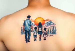Family 2 parents, 1 baby boy, one 3-year girl walking through the the sunset and mountains tattoo idea