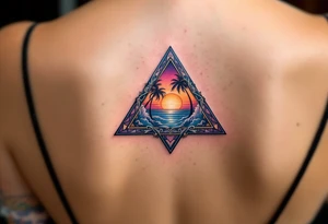 A triangle with a big heart in the center with an ocean palm tree theme tattoo idea