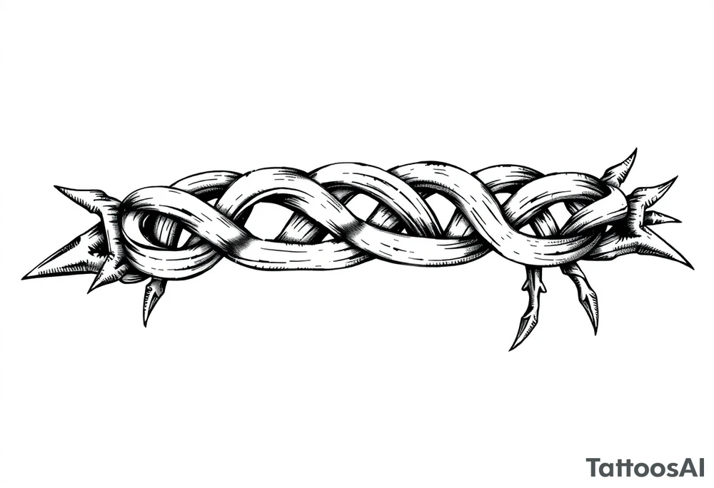 A Celtic knot armband with interwoven loops, featuring pointed ends that give it a dynamic, thorned or blade-like appearance that incorporates nature through roots Designed to wrap around the arm like a torc or tribal band tattoo idea