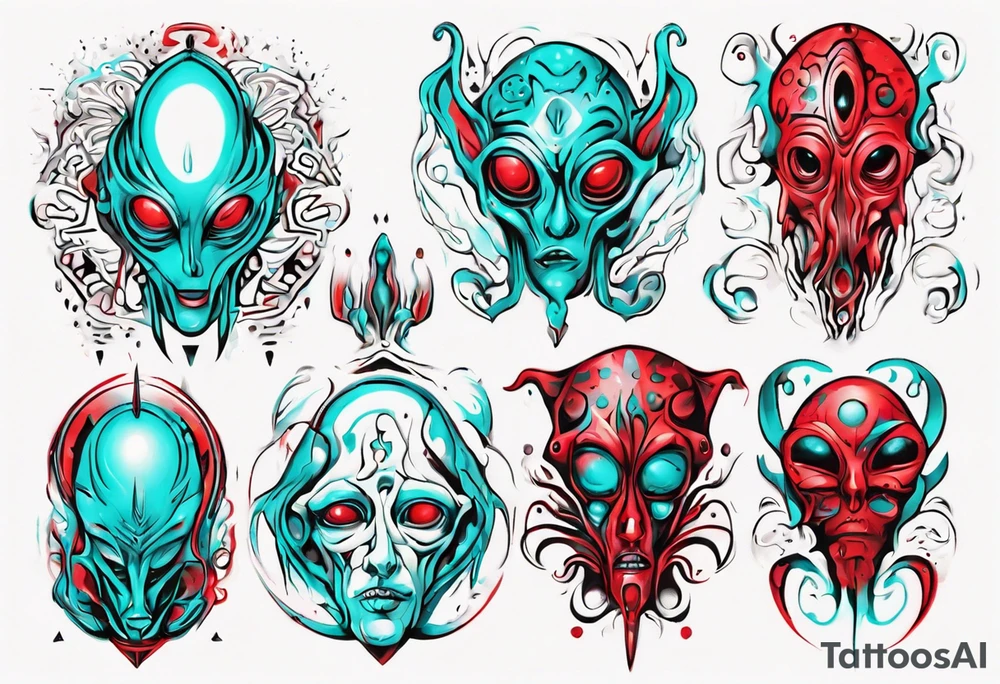 an art in the style of abstract, alien, lovecraft, textured pigment planes, red and cyan, stencil art tattoo idea