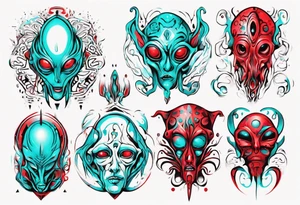 an art in the style of abstract, alien, lovecraft, textured pigment planes, red and cyan, stencil art tattoo idea