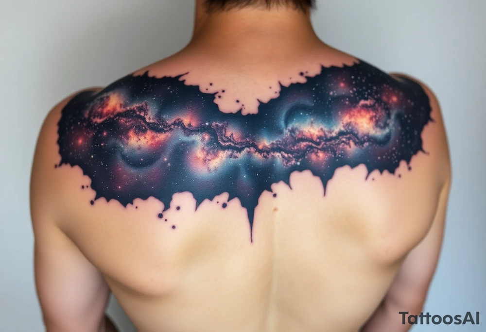 Beautiful and epic 3d milky way that appears to be what is beneath the skin. Make it drape over the shoulder and move to the middle back. use negative spaces to create stars and dust. Incorporate God breathing life into the universe. Keep it symmetrical tattoo idea