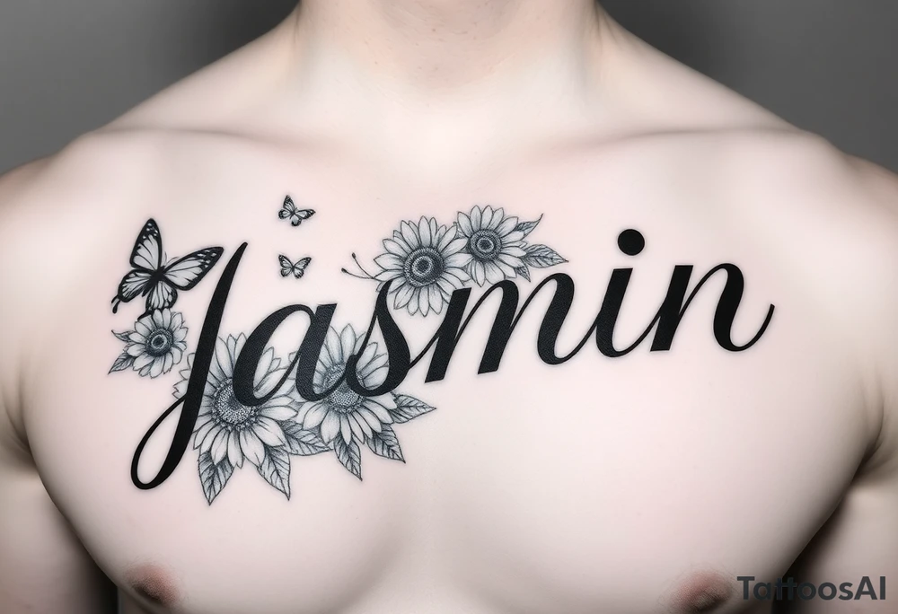 i need the name jasmin on the right side of a males chest, and with the letter “i” having a heart as the dot, and then i want some roses on the letter j and 3 sunflowers on the letter n and for it to be in cursive with some butterflies around it. I want the name on top of the flowers but for the flowers to be under the name, and i want a good amount of roses and sunflowers tattoo idea