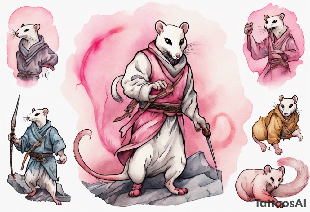 an ermine with pink fur attacking an angry medieval man tattoo idea