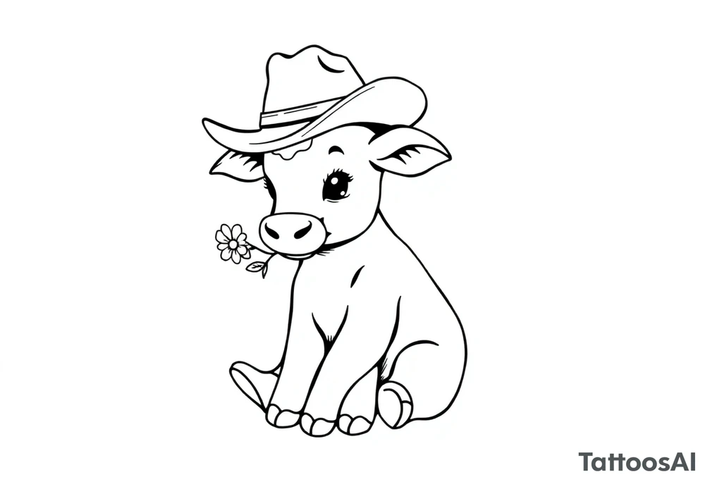 cute black and white baby cow sitting wearing a cowboy hat with a flower in mouth tattoo idea