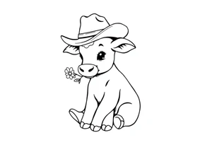 cute black and white baby cow sitting wearing a cowboy hat with a flower in mouth tattoo idea