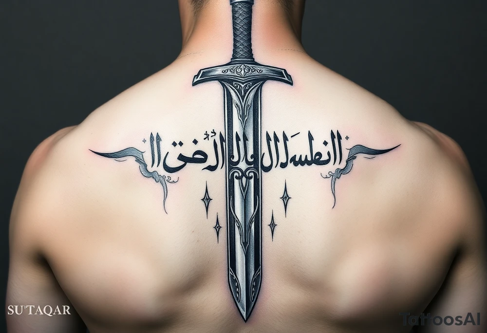 A powerful, highly detailed tattoo design of the legendary bifurcated sword Zulfiqar, positioned vertically for a forearm. The Arabic calligraphy "لا فتی الا علی لا سیف الا ذوالفقار" is elegantly woven into the blade's steel. Cinematic lighting, sharp edges, metallic textures, and a subtle "divine glow" or smoke effect around the sword. Intricate engravings, epic warrior aesthetic, black and grey realism. tattoo idea